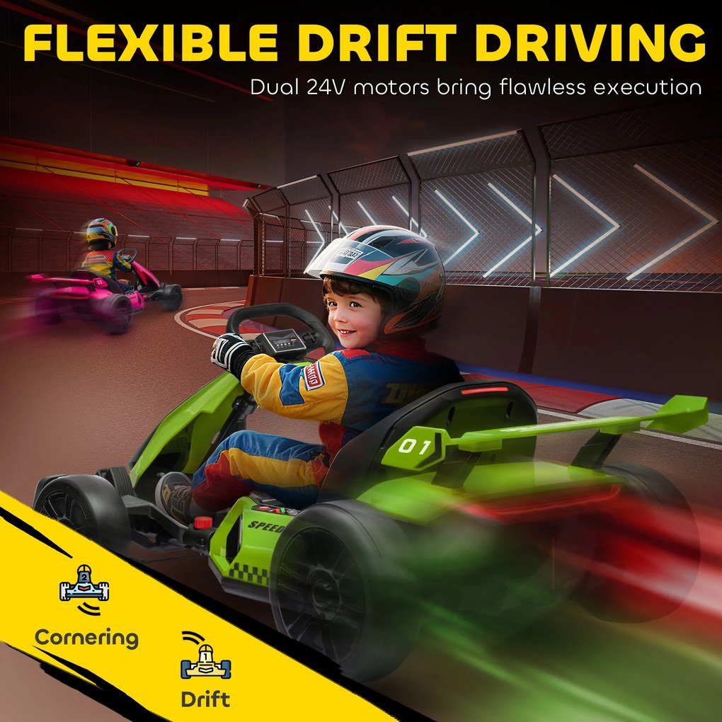 HOMCOM Go Kart Electric pentru Copii cu Scaun Reglabil, 2 Motoare, Claxon, Lumini și Muzică, 120x76x53,5 cm, Verde | Aosom Romania