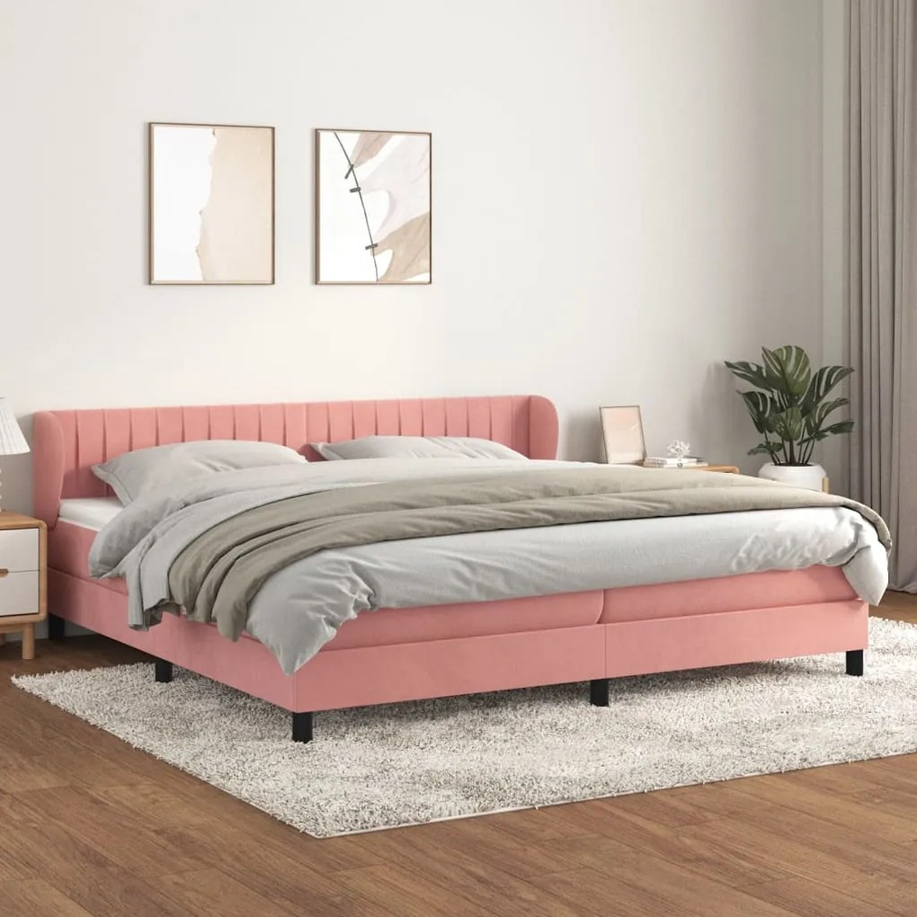 3127636 vidaXL Pat box spring cu saltea, roz, 200x200 cm, catifea