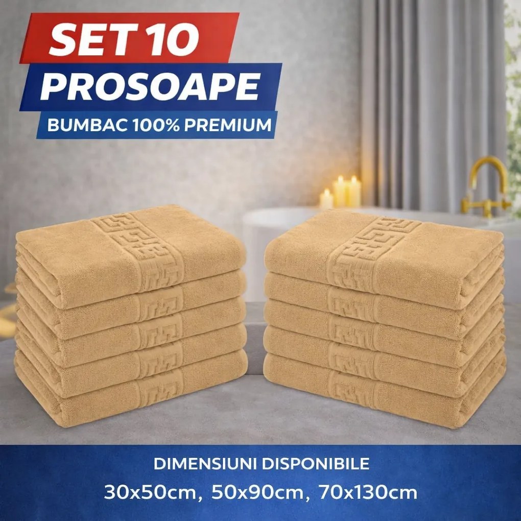 Set 10 Prosoape Baie Premium, Bumbac 100%, 550g/m², Model Greek – Super Absorbante