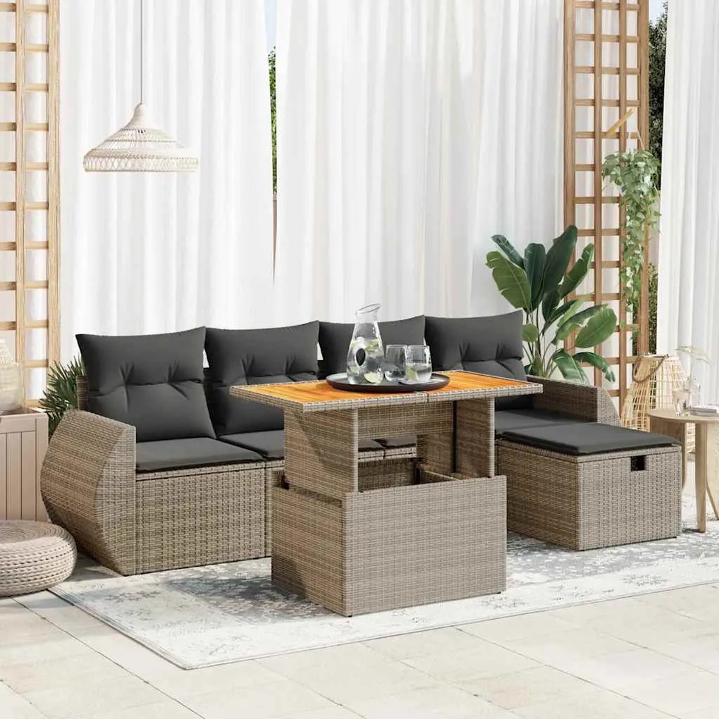 3328054 vidaXL Set mobilier grădină cu perne 6 piese gri poliratan/lemn acacia