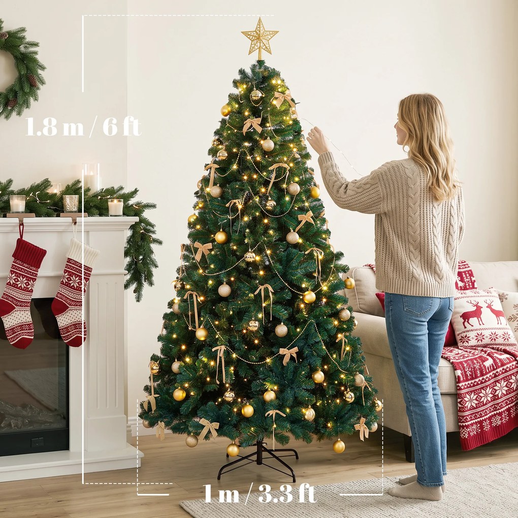 HOMCOM Brad de Crăciun Artificial 180 cm cu 240 LED-uri, 755 Ramuri din PVC, Stea, Globuri, Funde, Verde | Aosom Romania