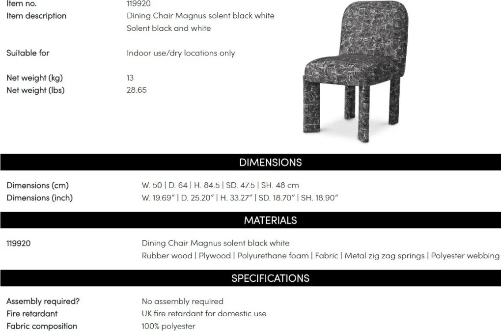 Scaun dining tapitat LUX Magnus, Solent alb cu negru