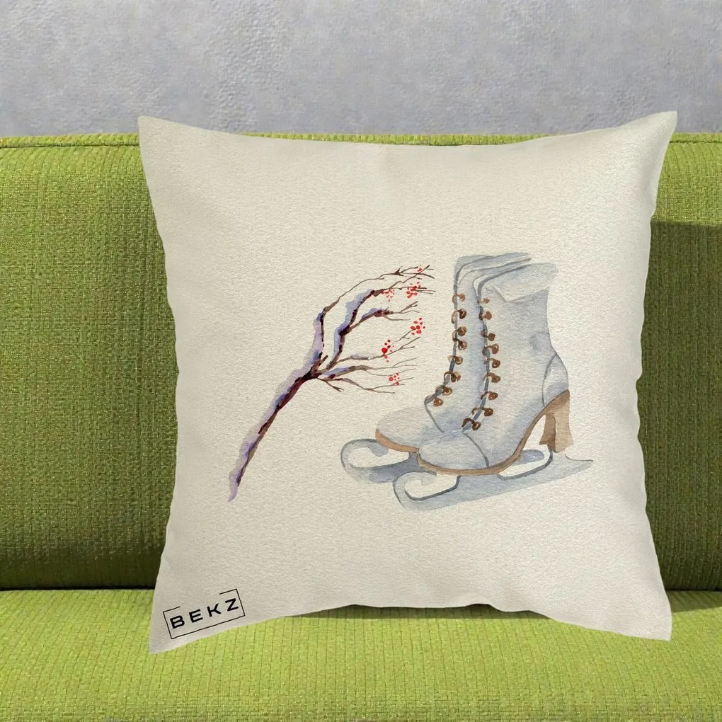 Perna Decorativa Patine cu Ramuri Inzapezite, 40x40 cm, Ecru, Husa Detasabila, Perna Inclusa, BEKZ®