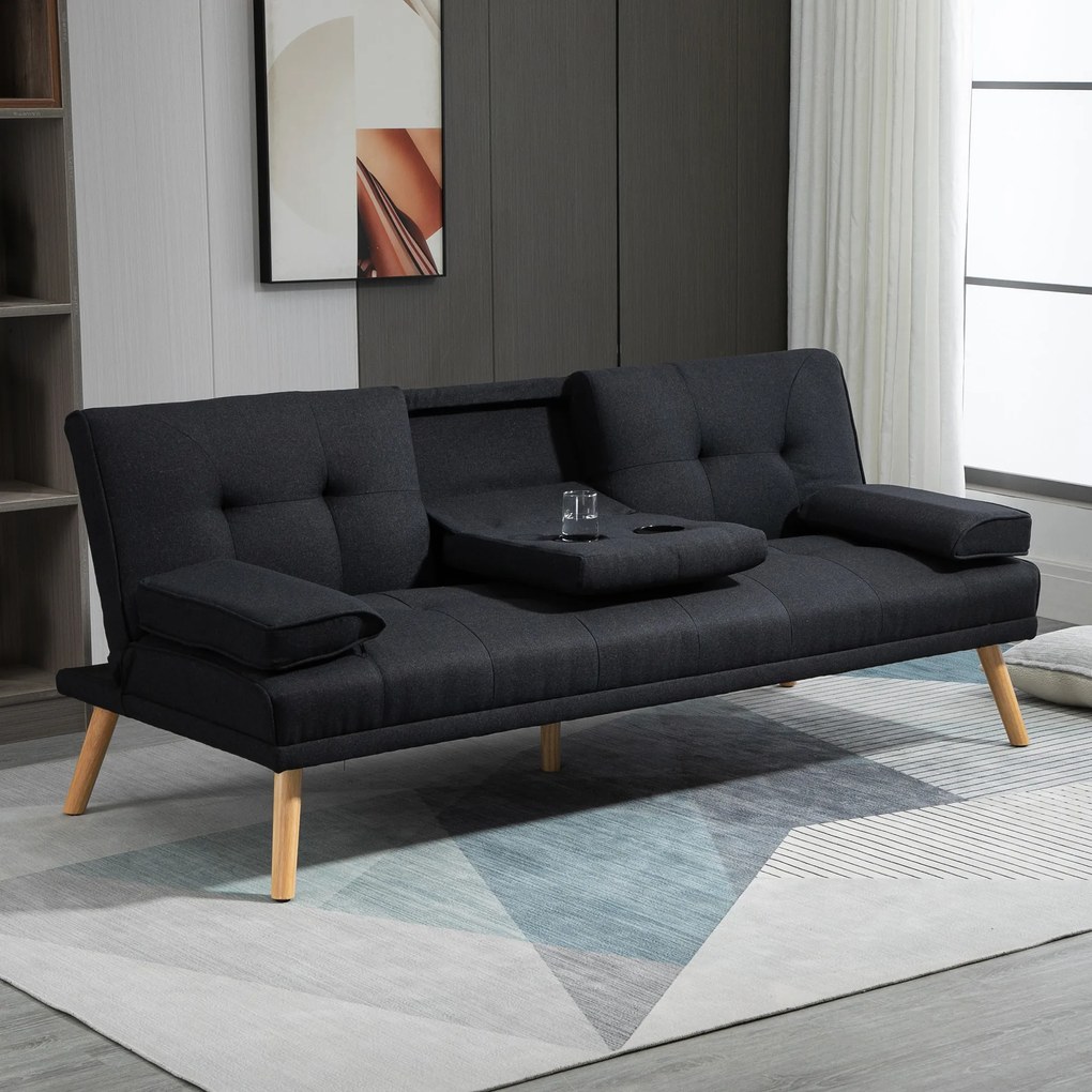 HOMCOM Canapea Extensibilă cu 3 Locuri, 2 Brațe Detașabile și Suport pentru Pahare, 181x77x78 cm, Gri antracit | Aosom Romania