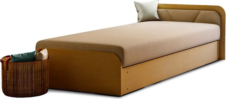 Pat galben ocru/bej tapițat/din placă aglomerată de lemn cu spațiu de depozitare cu saltea 80x190 cm Parys – ELTAP