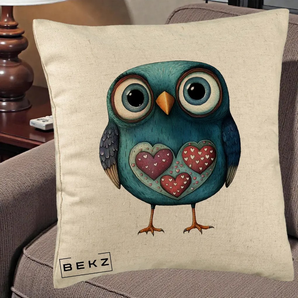Perna Decorativa Bufnita Teal cu Doua Inimi, 40x40 cm, Bej, Husa Detasabila, Perna Inclusa, BEKZ®