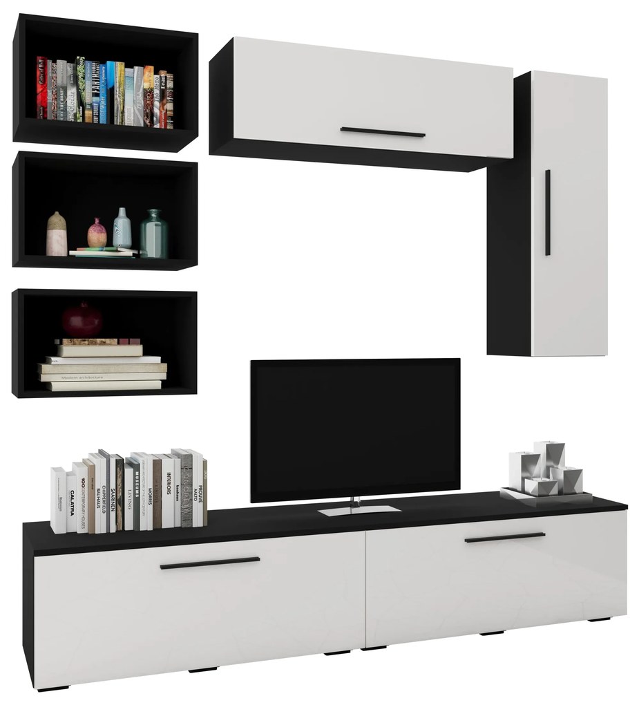 Living Kos V14, Negru/Alb Lucios, MDF, L 190 cm
