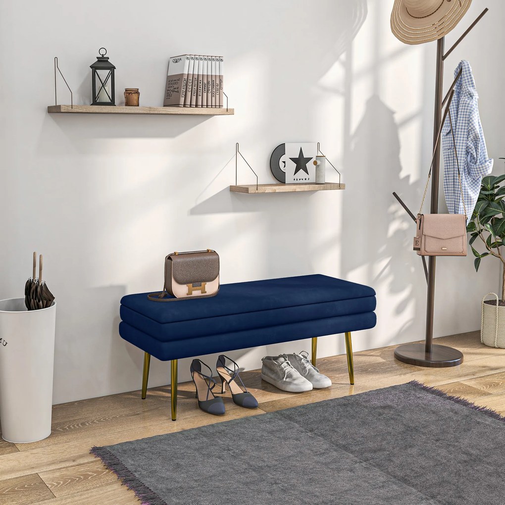 HOMCOM Bancă bancă cutie de depozitare 2 în 1 scaun aspect catifelat și picioare de oțel - 100 x 37,5 x 42 cm bleu și aurit | Aosom Romania