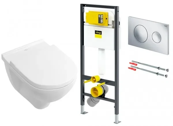 Set vas WC rimless suspendat, Villeroy&amp;Boch O.novo, cu capac inchidere lenta, rezervor si clapeta Viega Prevista