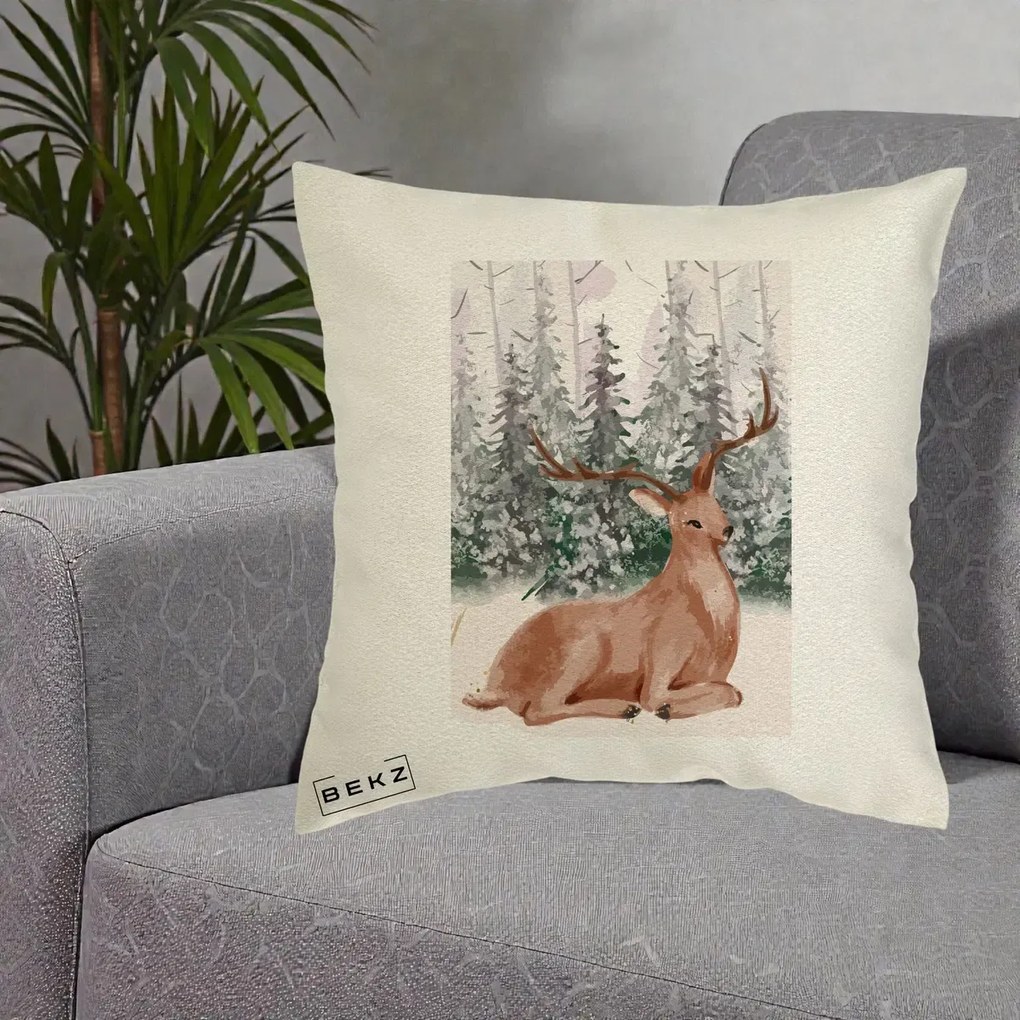 Perna Decorativa Ren in Padure Roz Moale, 40x40 cm, Ecru, Husa Detasabila, Perna Inclusa, BEKZ®