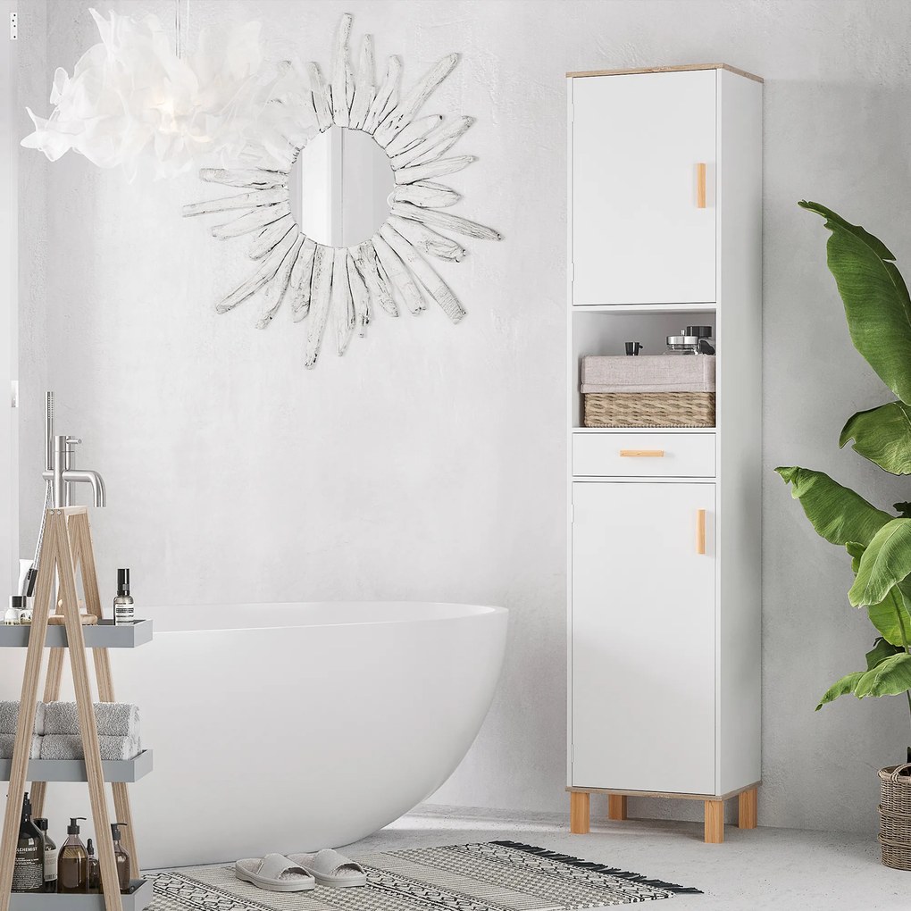 kleankin Dulap Coloana Space Saver din Lemn pentru Baie Alb | Aosom Romania