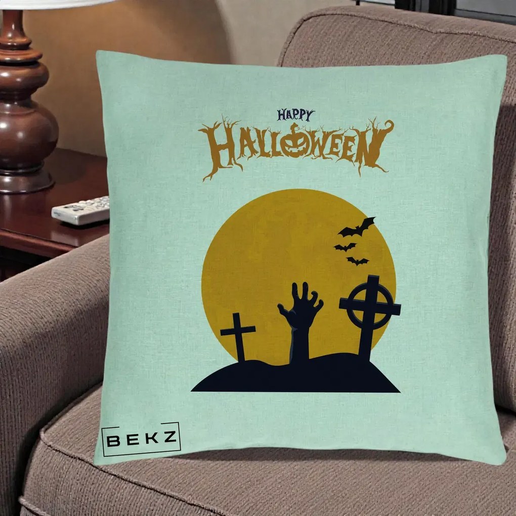 Perna Decorativa Happy Halloween Cimitir cu Luna, 40x40 cm, Verde Menta, Husa Detasabila, Perna Inclusa, BEKZ®