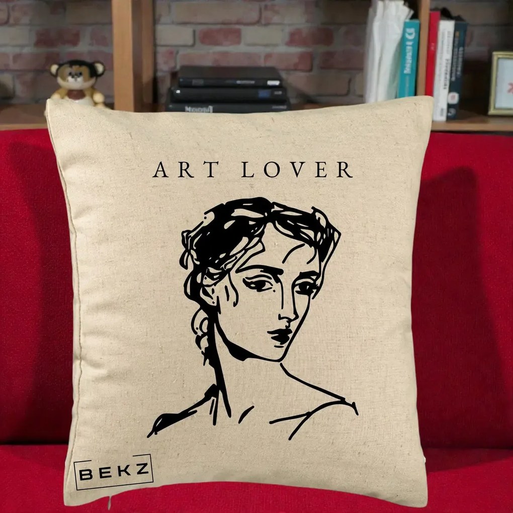 Perna Decorativa Art Lover Portret Grafic, 40x40 cm, Bej, Husa Detasabila, Perna Inclusa, BEKZ®