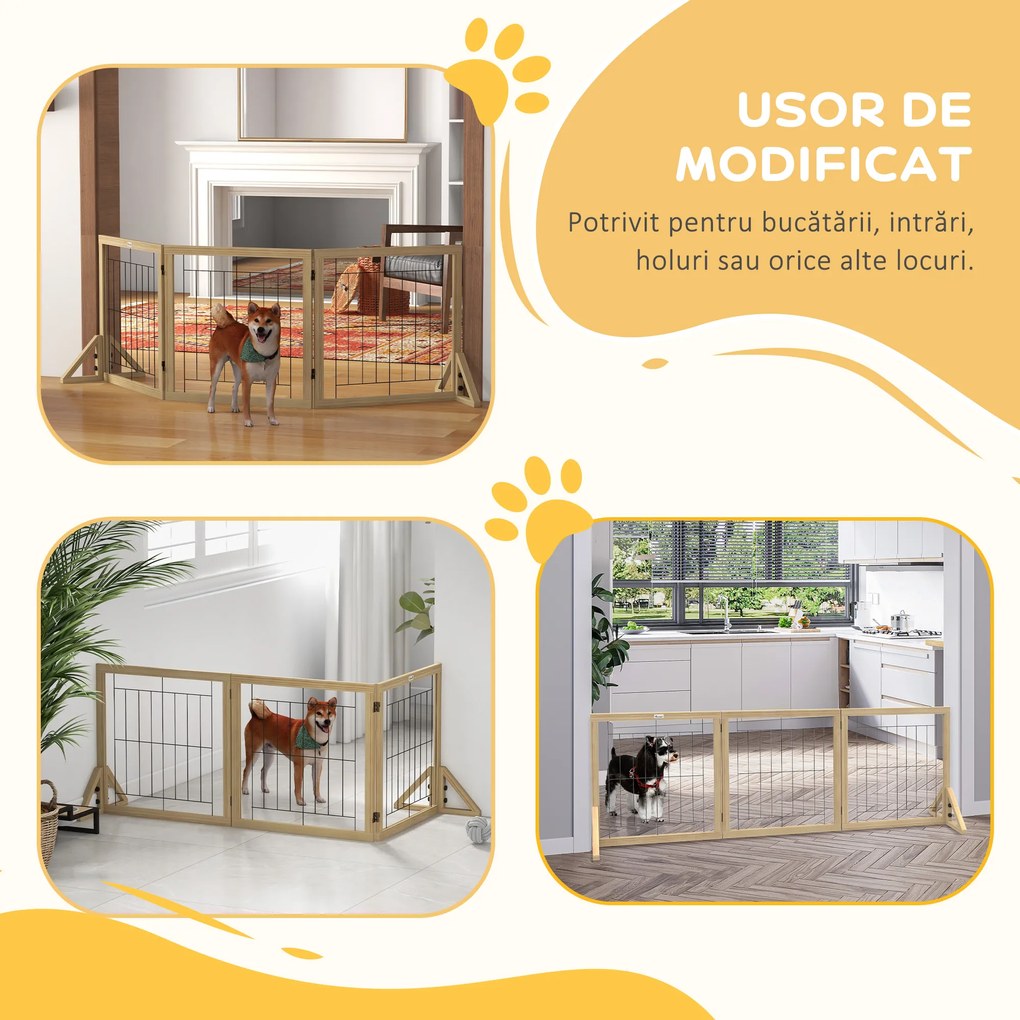 PawHut Gard pliabil pentru câini, gard de siguranță pentru animale de companie și căței cu 3 panouri și suporturi triunghiulare, 210x70 cm, lemn natural | Aosom Romania
