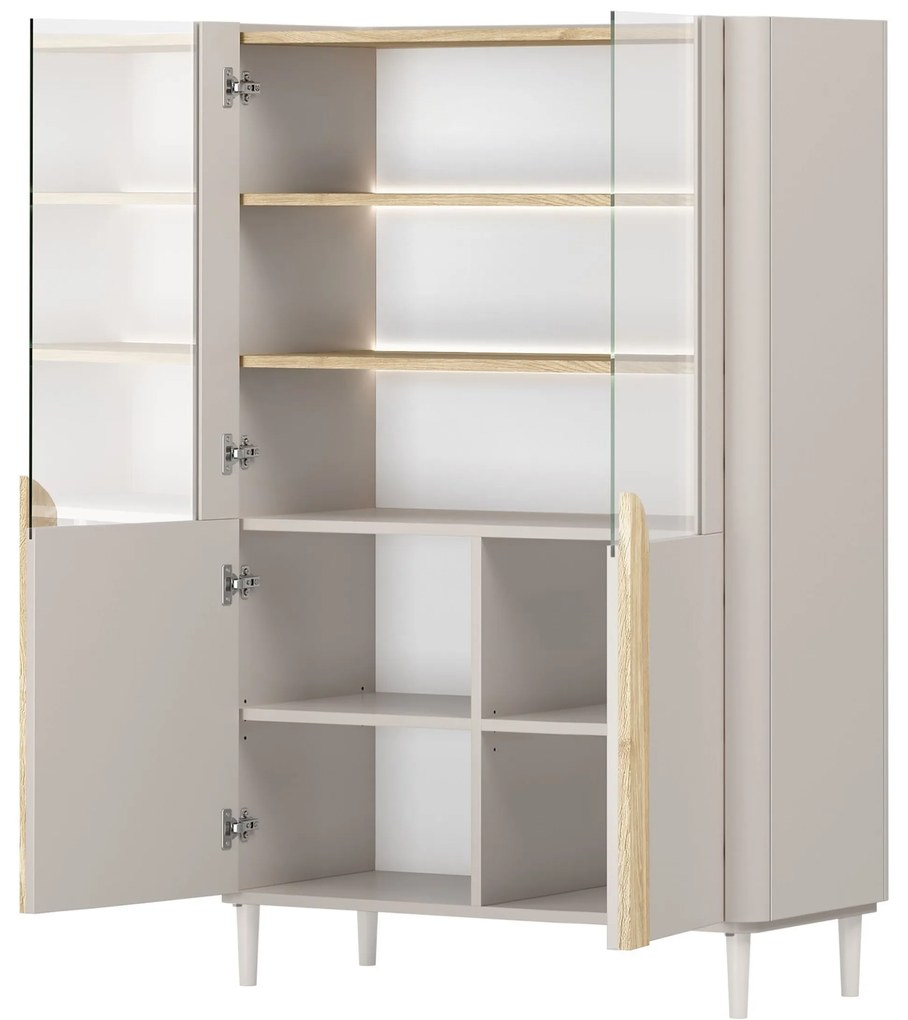 Vitrină cu picioare Amilio 100 cm, două uși - cașmir / stejar uleiat / mânere stejar deschis