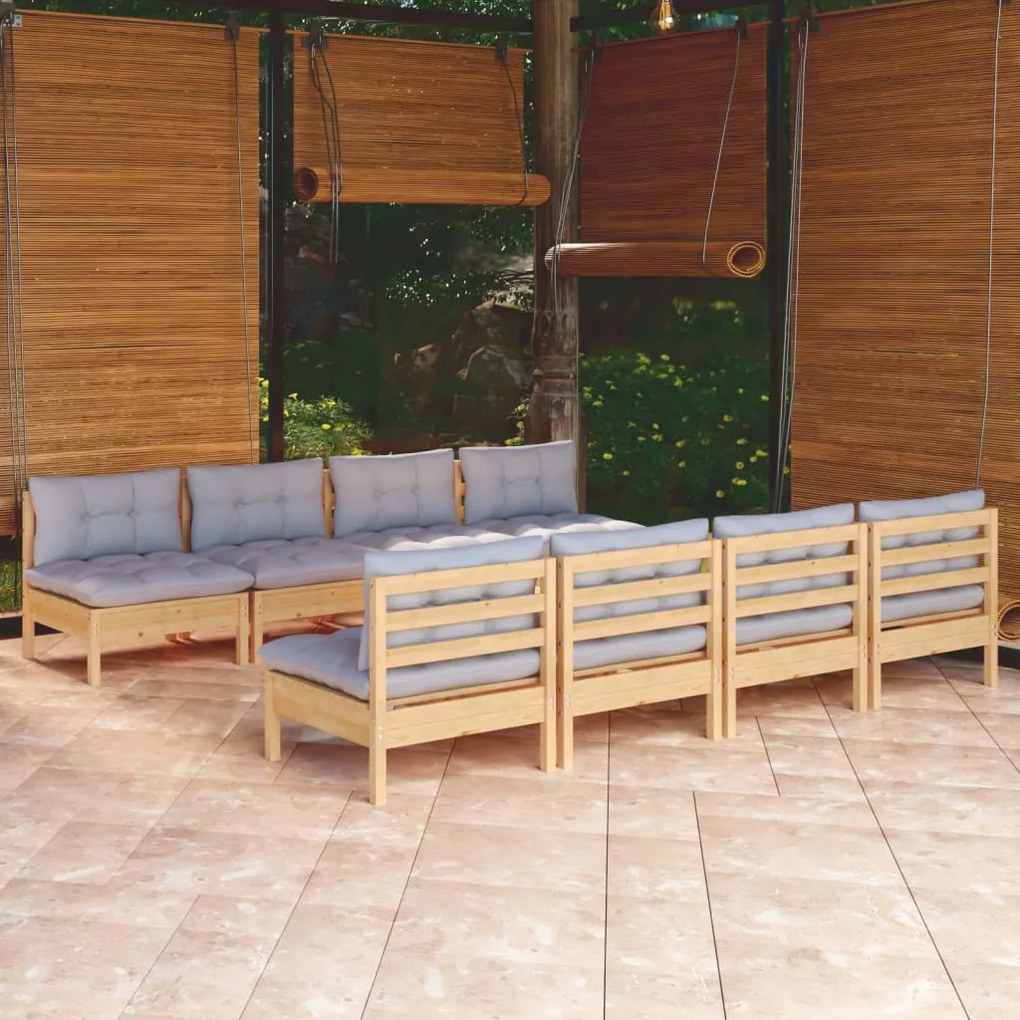vidaXL Set mobilier de grădină cu perne gri, 9 piese, lemn masiv pin