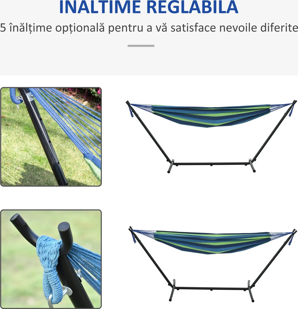 Outsunny Hamac de Grădină Suspendat 310x117 cm cu Înălțime Reglabilă și Suport, Capacitate 120 kg, Hamac Independent cu Geantă de Transport, pentru Camping, Grădină, Balcon, Patio, Verde și Albastru | Aosom Romania