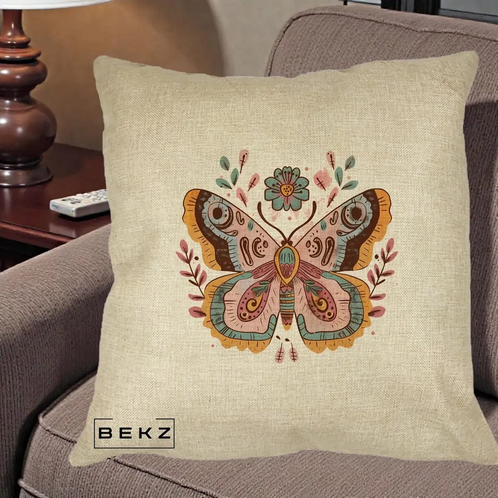 Perna Decorativa Fluture Boho Floral, 40x40 cm, Crem, Husa Detasabila, Perna Inclusa, BEKZ®