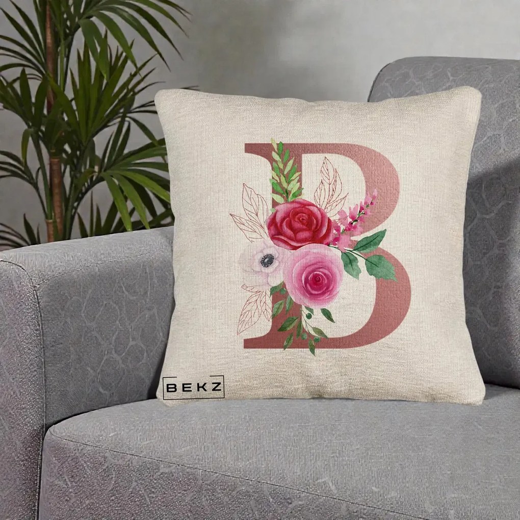 Cadou Personalizat - Perna Personalizata Monograma Rose Gold Litera B, 40x40 cm, Bej Canapea, Husa Detasabila, Perna Inclusa, BEKZ®