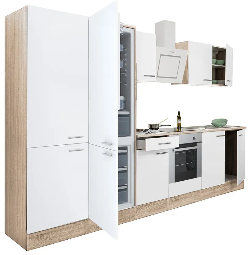 Mobilă de bucătărie Yorki 330, corp din stejar sonoma, față alb satinat cu element cuptor inferior, dulap cu rafturi și frigider congelator inferior.