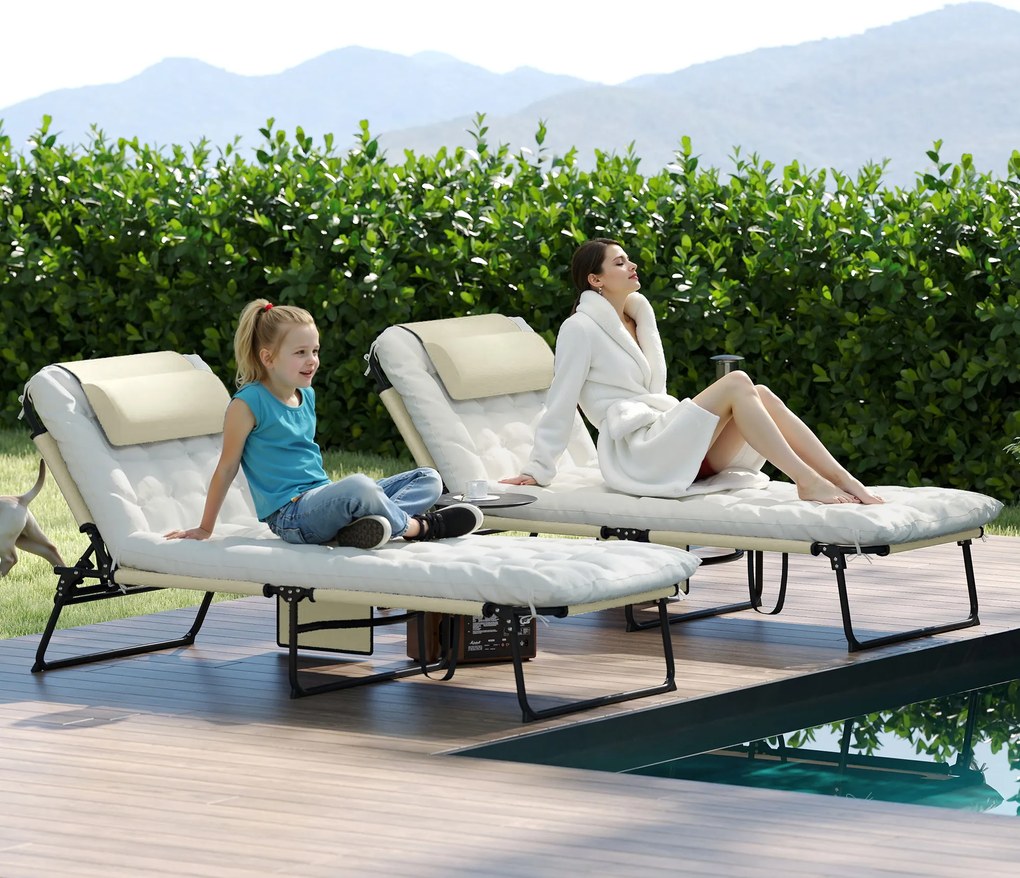 Outsunny Set de 2 șezlonguri pliabile cu spătar reglabil 4 poziții - tetieră și saltea groasă bej | Aosom Romania