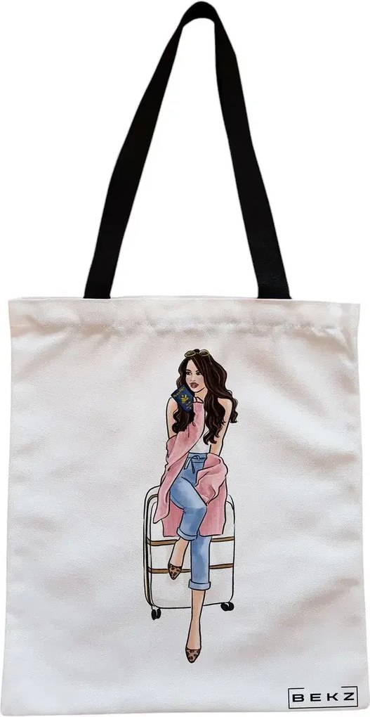Sacosa de Panza pentru Cumparaturi, Geanta Tote, Travel Girl 3, Cu fermoar, 38x34.5 cm, Alba, BEKZ®