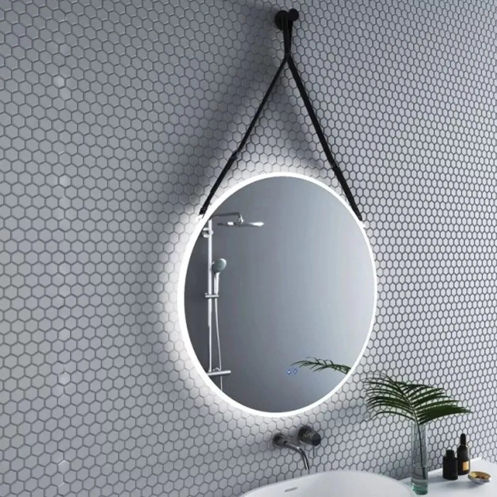 Oglinda cu iluminare si dezaburire Inter Ceramic forma rotunda 80 cm curea neagra