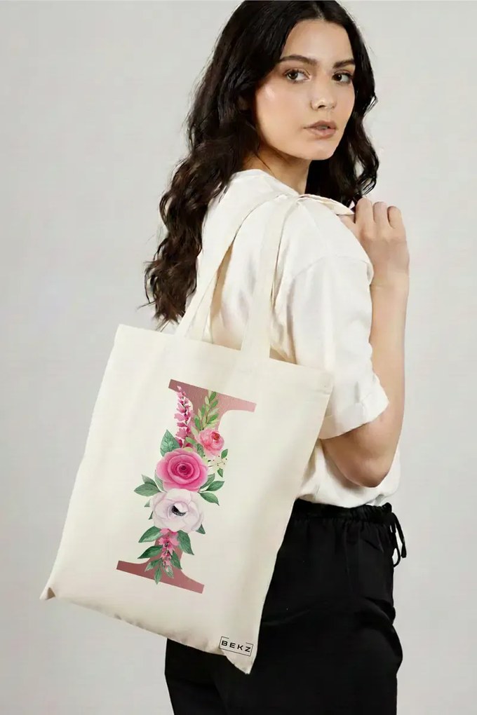 Sacosa de Panza pentru Cumparaturi, Geanta Tote, Cu litera I Rose Gold si Trandafiri, 38x34.5 cm, Alba, BEKZ®