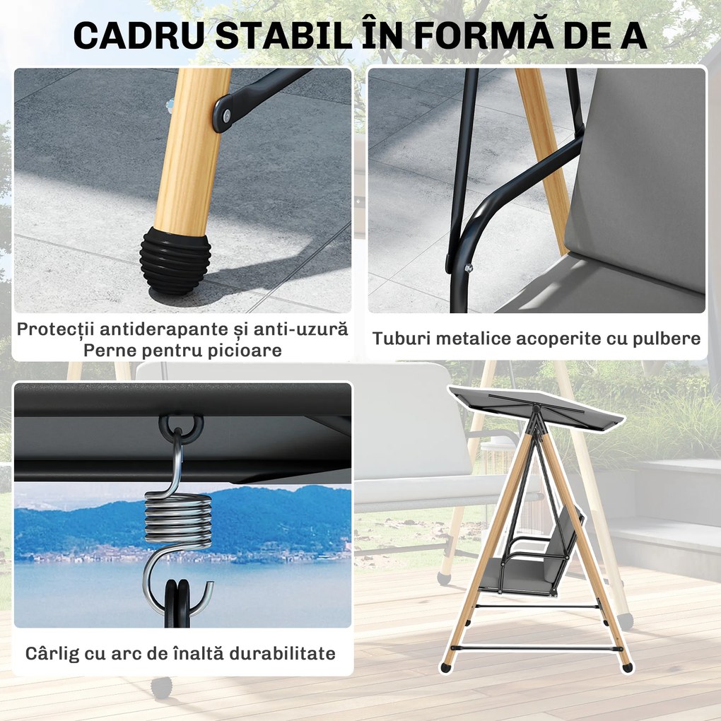 Outsunny Balansoar de Grădină cu 3 Locuri, cu Copertină Reglabilă Impermeabilă și Pernă Detașabilă, Capacitate Maximă 360 kg, 208 x 125 x 180 cm, Gri | Aosom Romania
