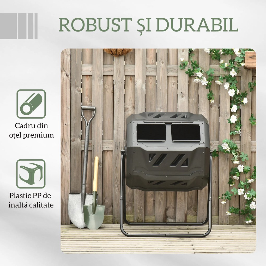 Outsunny Compostor Rotativ cu 2 Secțiuni și 8 Prize de Aerisire din Oțel și PP, 160L, 71x65x96 cm, Gri | Aosom Romania