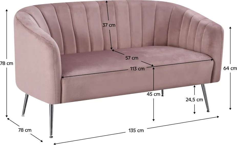 Canapea de design cu 2 locuri, ţesătură Velvet roz/crom-argintiu, BAGY