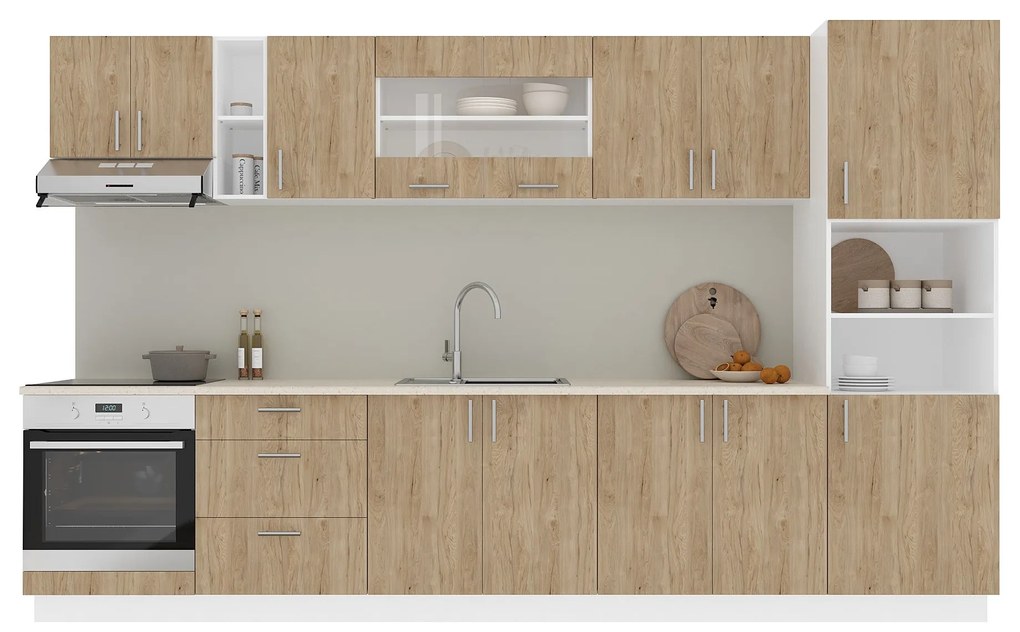 Set Bucatarie Karo V31, Lemn Natural/Alb, Blat Thermo 28 mm, L 340 cm