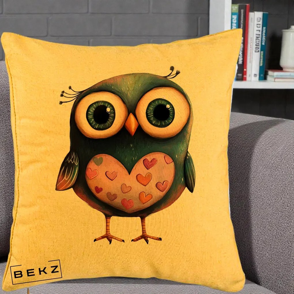 Perna Decorativa Bufnita cu Inimioare Roz, 40x40 cm, Galben, Husa Detasabila, Perna Inclusa, BEKZ®