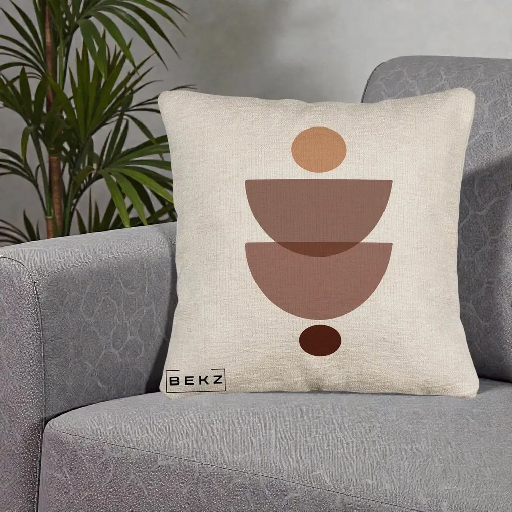 Perna Decorativa Geometric Boho Semicercuri Brun, 40x40 cm, Bej Canapea, Husa Detasabila, Perna Inclusa, BEKZ®