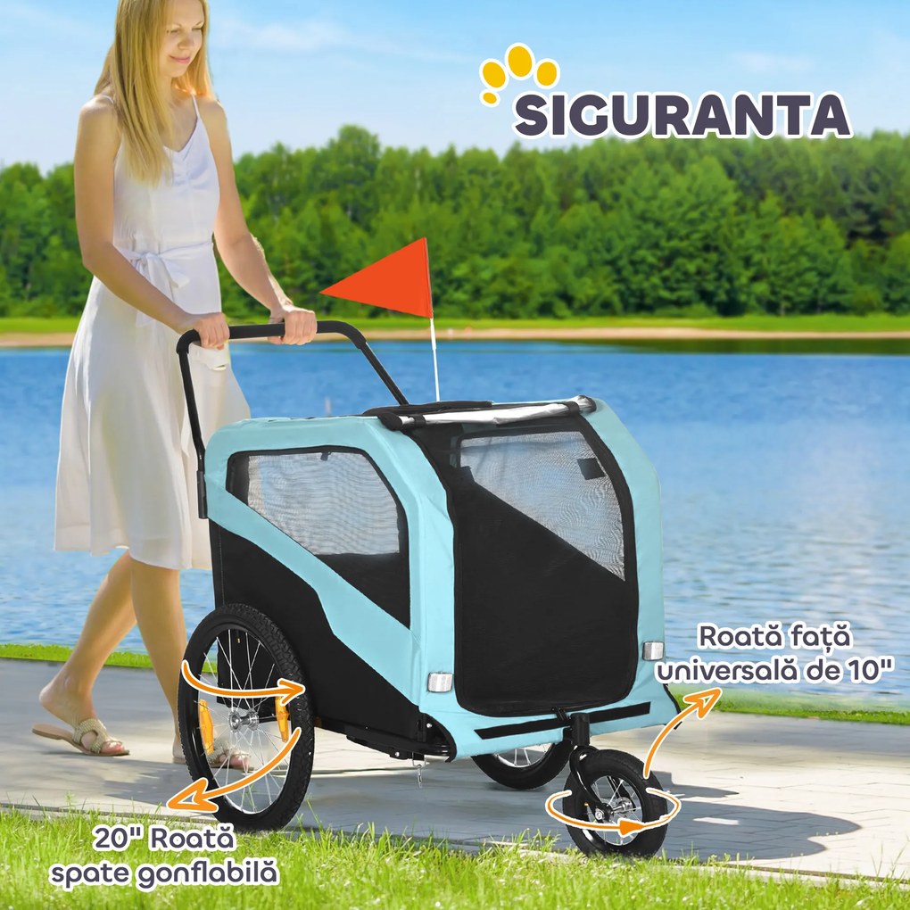 PawHut Remorcă Bicicletă pentru Câini cu Două Intrări Buzunare Cadru Oțel Țesătură 170x77x90cm Albastru | Aosom Romania