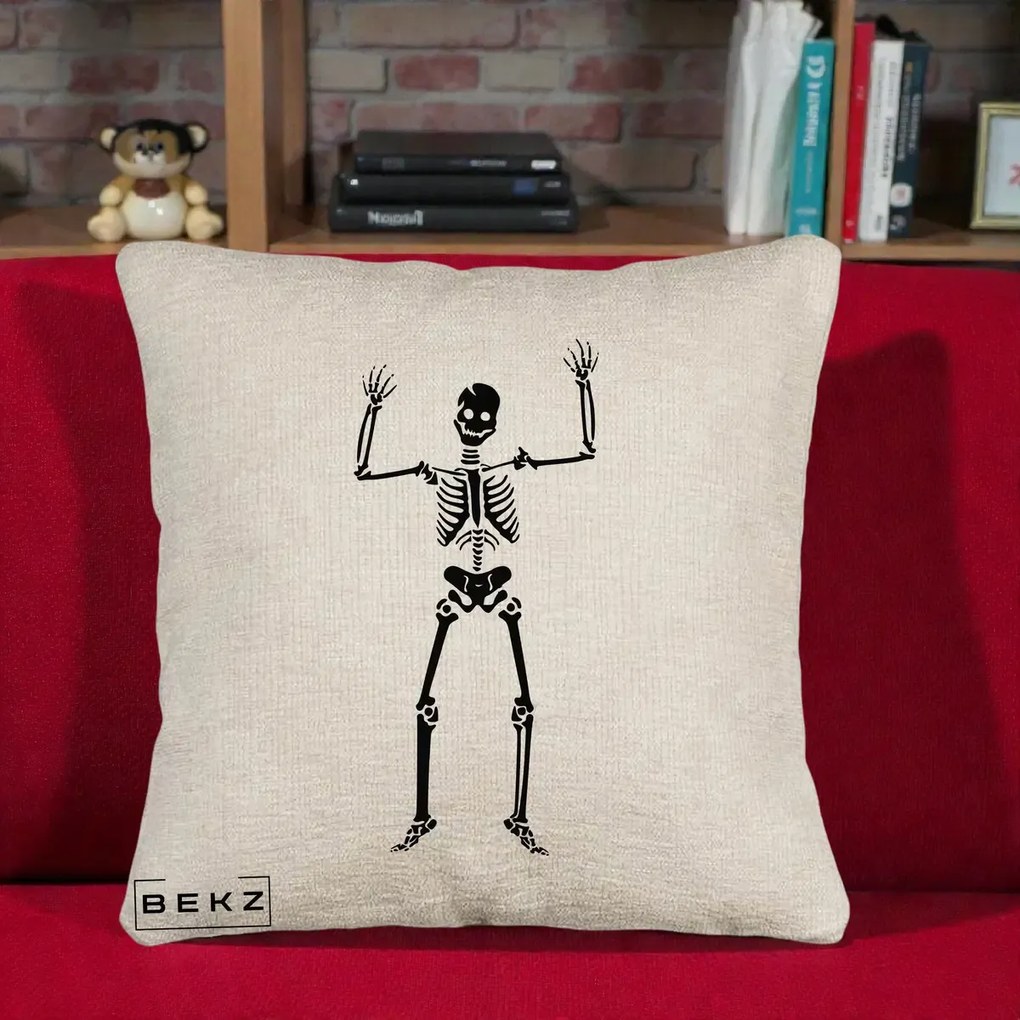 Perna Decorativa Halloween Schelet Dansator, 40x40 cm, Bej Canapea, Husa Detasabila, Perna Inclusa, BEKZ®