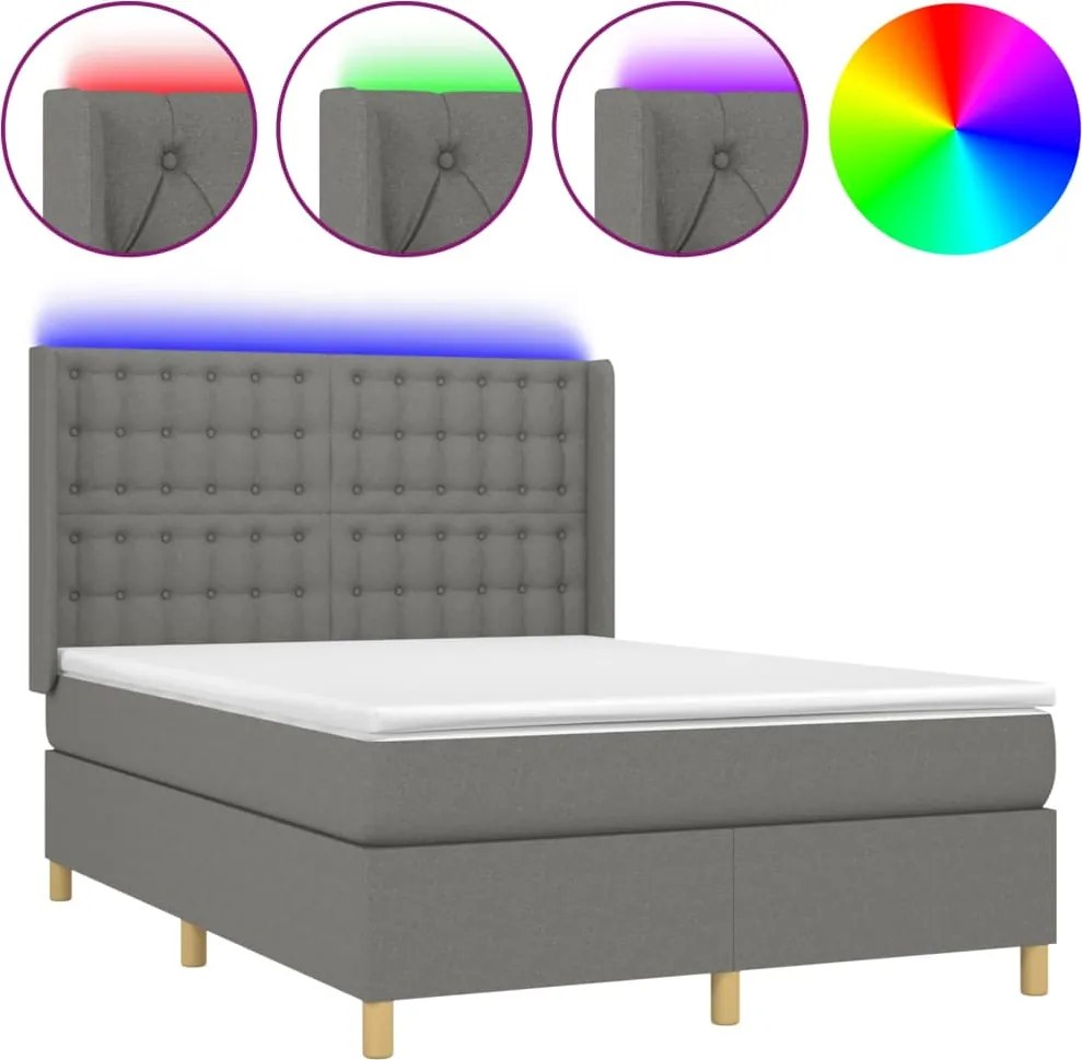 vidaXL Pat cu arcuri, saltea și LED, gri închis, 140x200 cm, textil