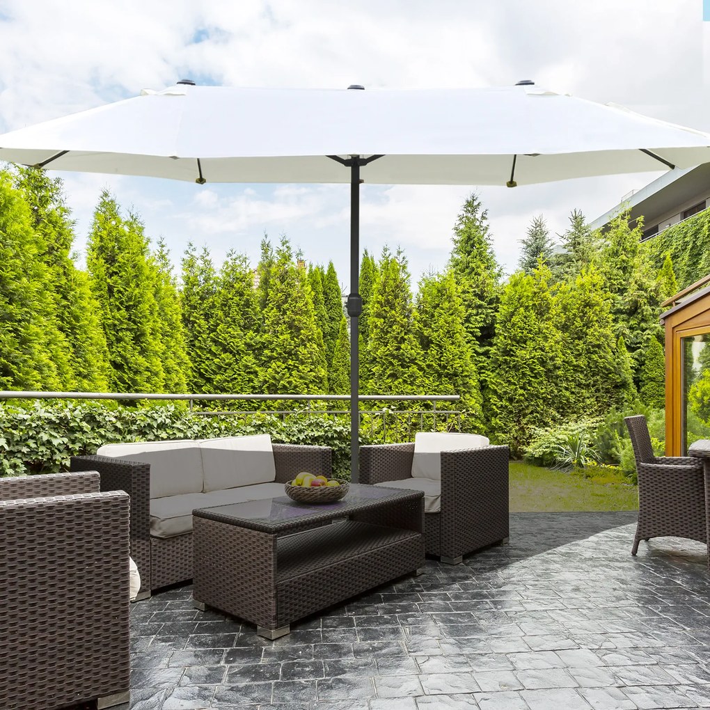 Outsunny Umbrelă Dublă cu 12 Spițe, Bază în Cruce și Manivelă, din Oțel și Poliester, 455x265x238 cm, Bej | Aosom Romania