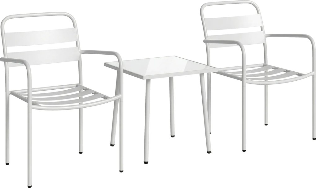 Outsunny Set Bistrò 3 Piese din Oțel Galvanizat, Set de Grădină cu 2 Scaune și Masă din Sticlă Temperată, Mobilier Exterior pentru Terasă, Balcon, Alb | Aosom Romania