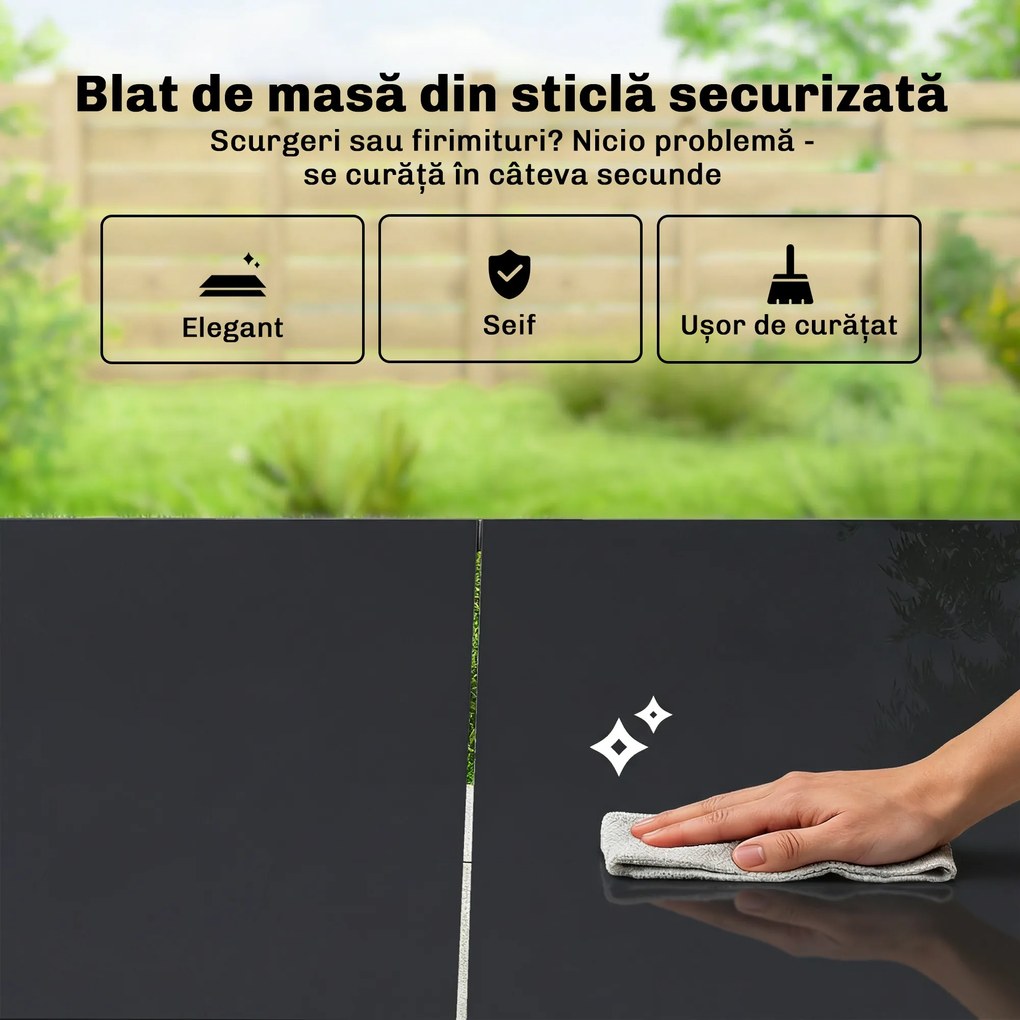 Outsunny Set Masă și Scaune de Grădină 7 Piese, Set Prânz Exterior cu Masă din Sticlă Temperată, 6 Scaune din Texteline Respirabil, Cotiere Decorative, Structură din Oțel pentru Terasă Balcon, Negru | Aosom Romania