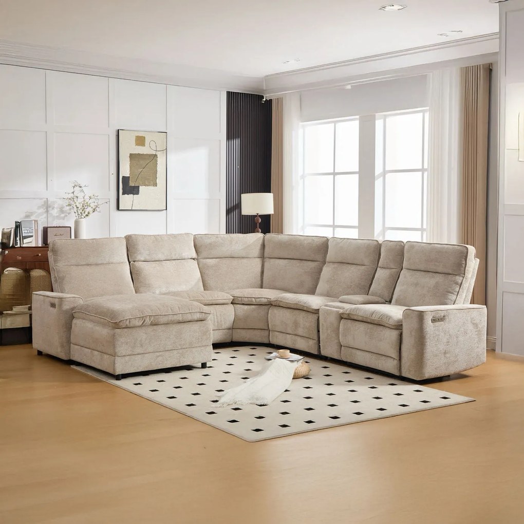 Coltar dumonde cu 3 reclinere electrice, incarcare USB, USB-C, tava, lumini de citit, suport pahare, textil, Vireon 317x347cm