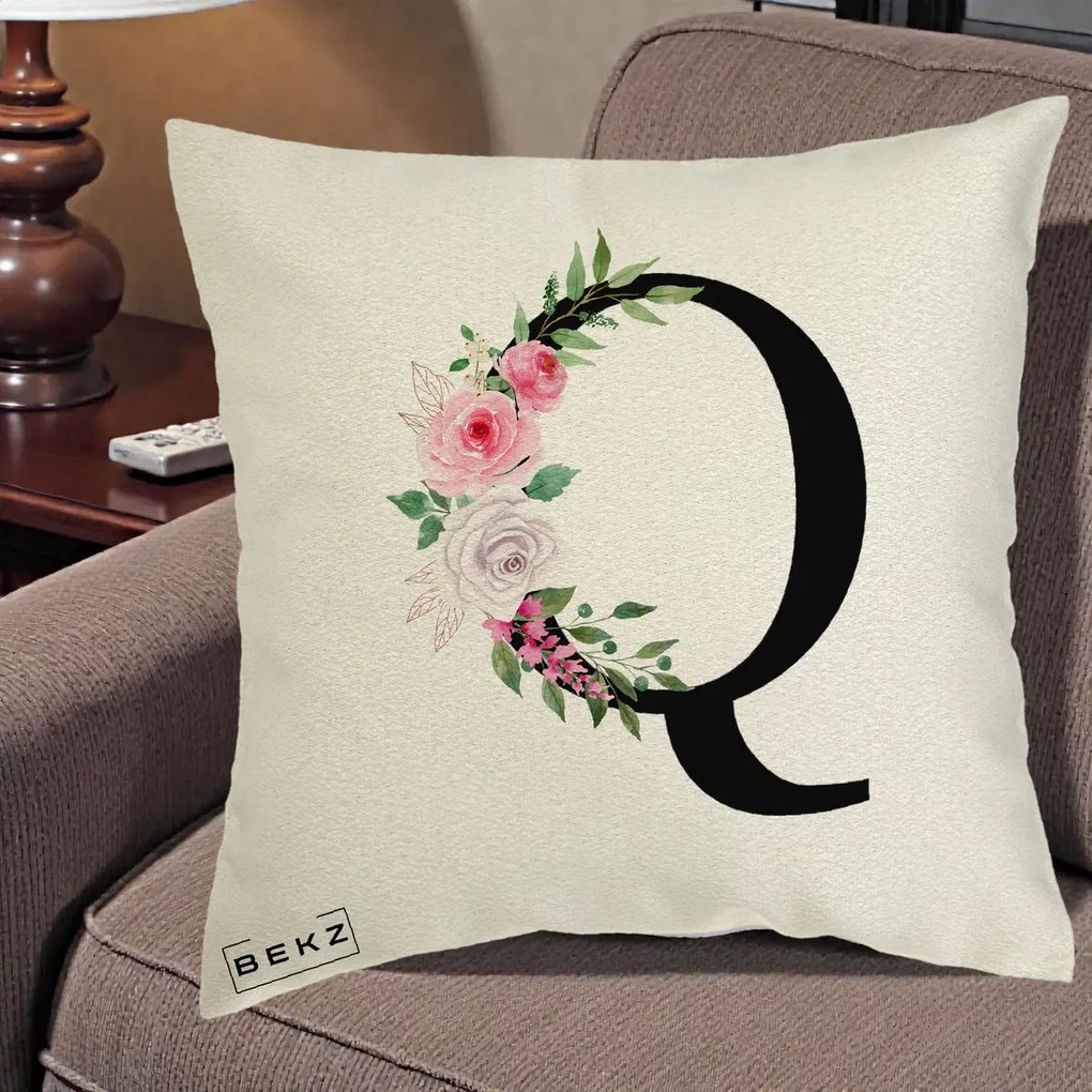 Cadou Personalizat - Perna Personalizata Monograma Florala Litera Q, 40x40 cm, Ecru, Husa Detasabila, Perna Inclusa, BEKZ®