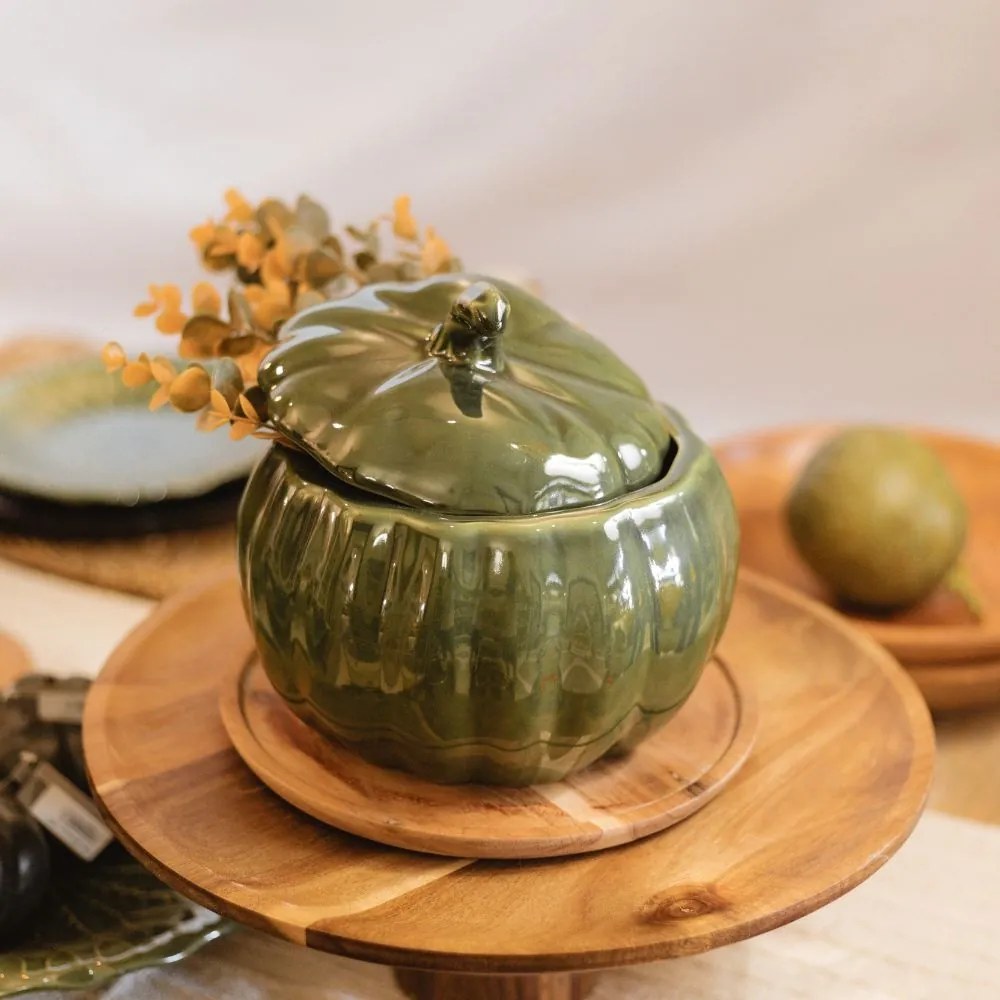 Recipient in forma de dovleac din ceramica verde 20 cm