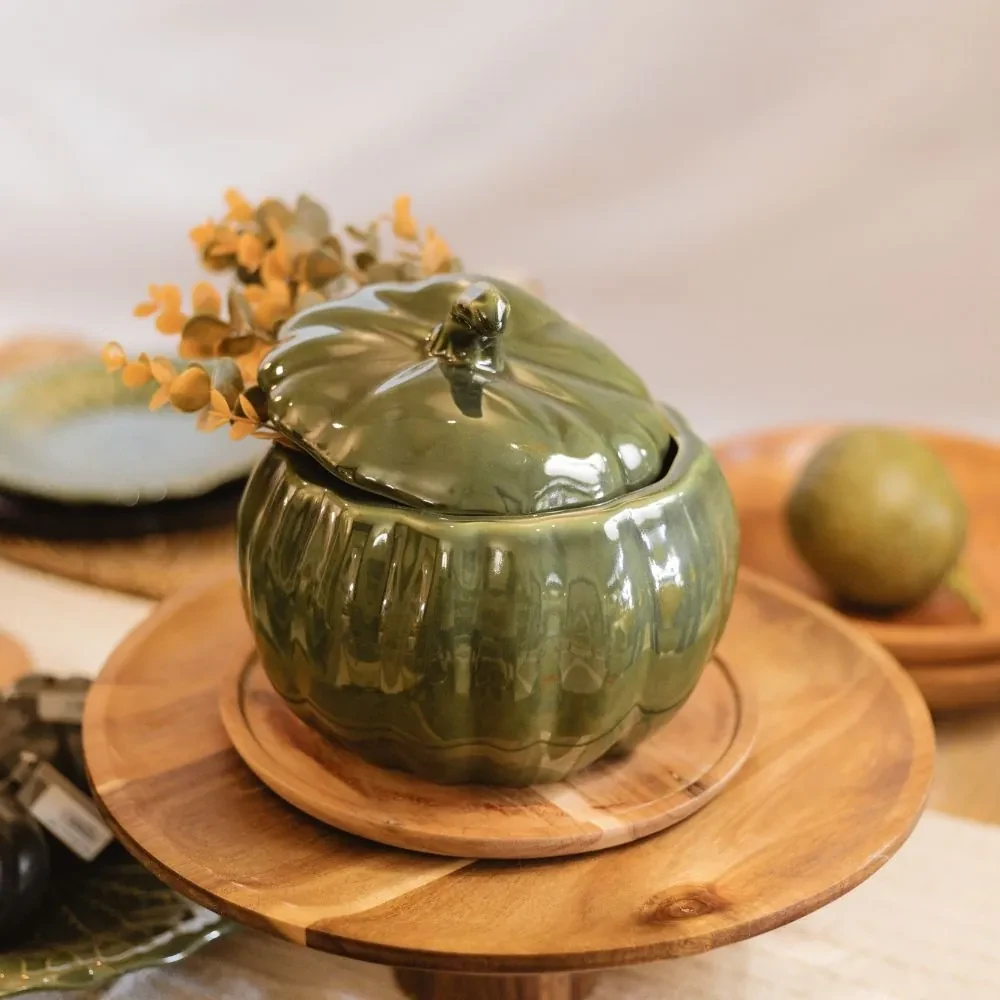 Recipient in forma de dovleac din ceramica verde 20 cm | BIANO