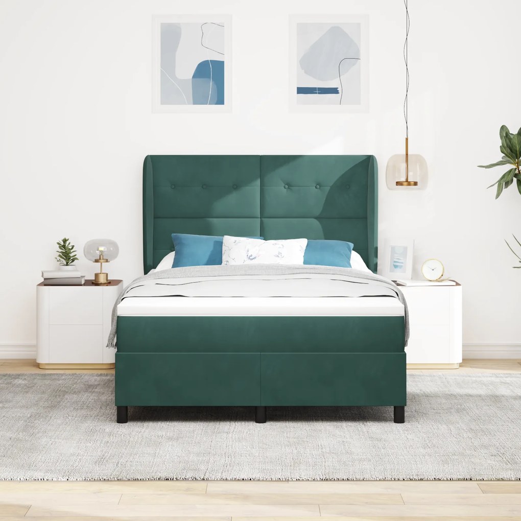 vidaXL Pat cu arcuri și saltea Verde închis 140 x 190 cm, Catifea