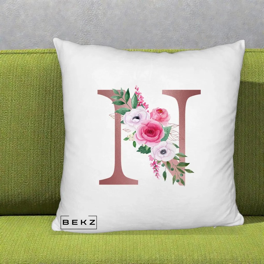 Cadou Personalizat - Perna Personalizata Monograma Rose Gold Litera N, 40x40 cm, Alb Pufos, Husa Detasabila, Perna Inclusa, BEKZ®