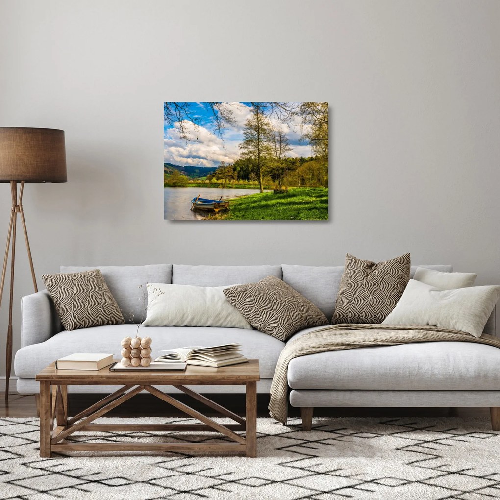 Tablou pe sticlă - Barcă pe lac (70x50 cm)
