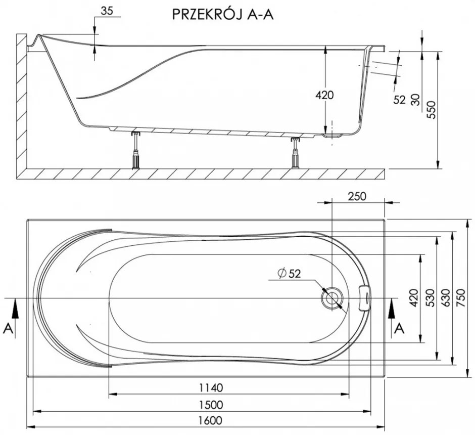 Cadă de baie dreaptă Wivea 75x160