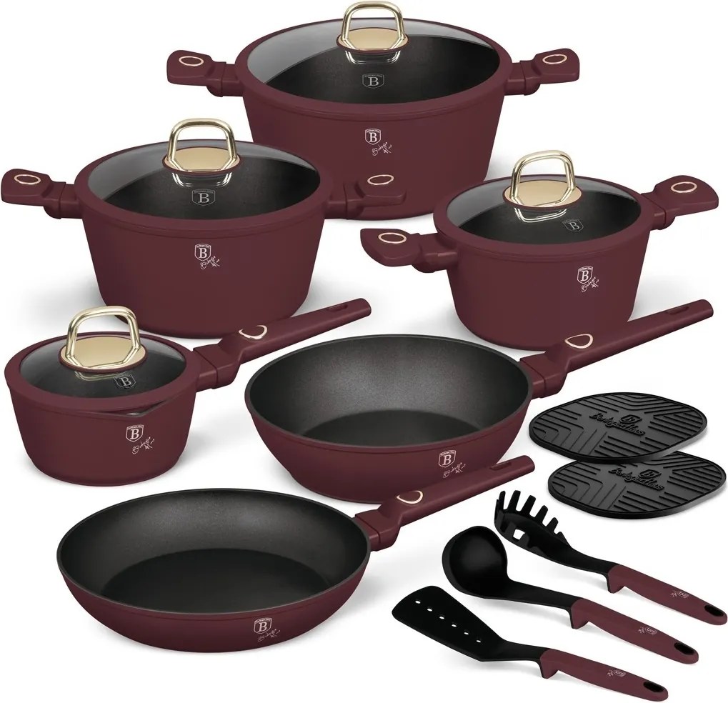 Set de oale si tigai cu capace, 15 piese Leonardo Collection Berlinger Haus BH 8051NN, antiaderente, strat titan, visiniu mat, inductie, design