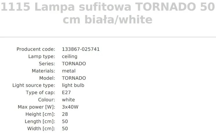 Plafoniera design modern Tornado alb 50cm
